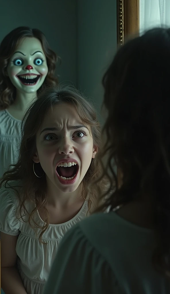 Detailed hyperrealist caricature photo of beautiful happy singing brunet (Emma Watson:0.4) (Erika Eleniak:0.5) in white top, fantasy art scene at moon forest, false teeth, by John Wilhelm tim burton style, charcoal