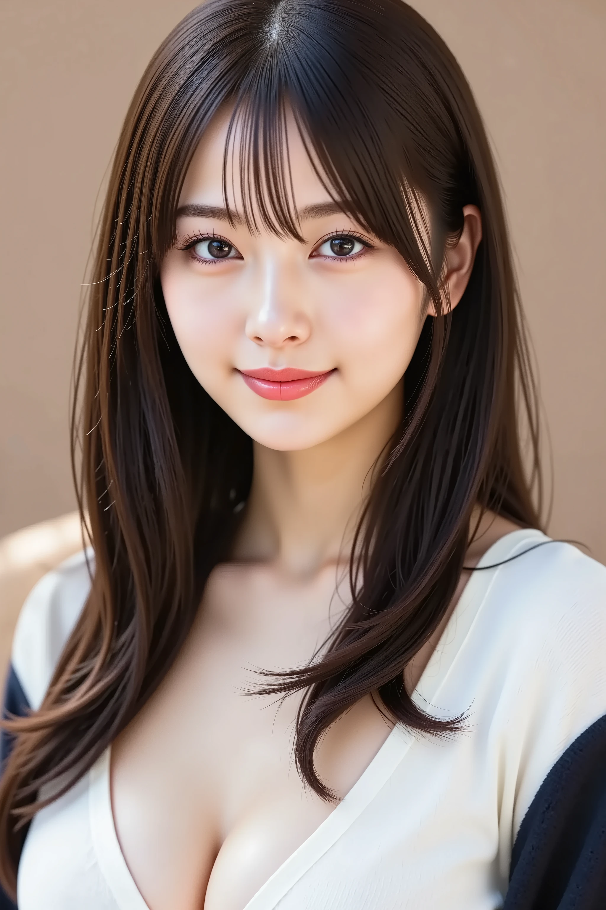 (masterpiece:1.3), (8k, Realistic, RAW Photos, Best image quality: 1.4)、20-year-old girl、(Random Hairstyles:1.2)、Highly detailed face、Attention to detail、double eyelid、Sharp focus:1.2、Beautiful woman:1.4、Light brown hair、Highest quality、masterpiece、Ultra-high resolution、(Realistic:1.4)、Highly detailed and professional lighting、Brown Knight、thin、A sparkling smile、Long black hair、Deadly position、Beautiful Skin、Shiny Hair、Childish expression、Upper Body、Random pose