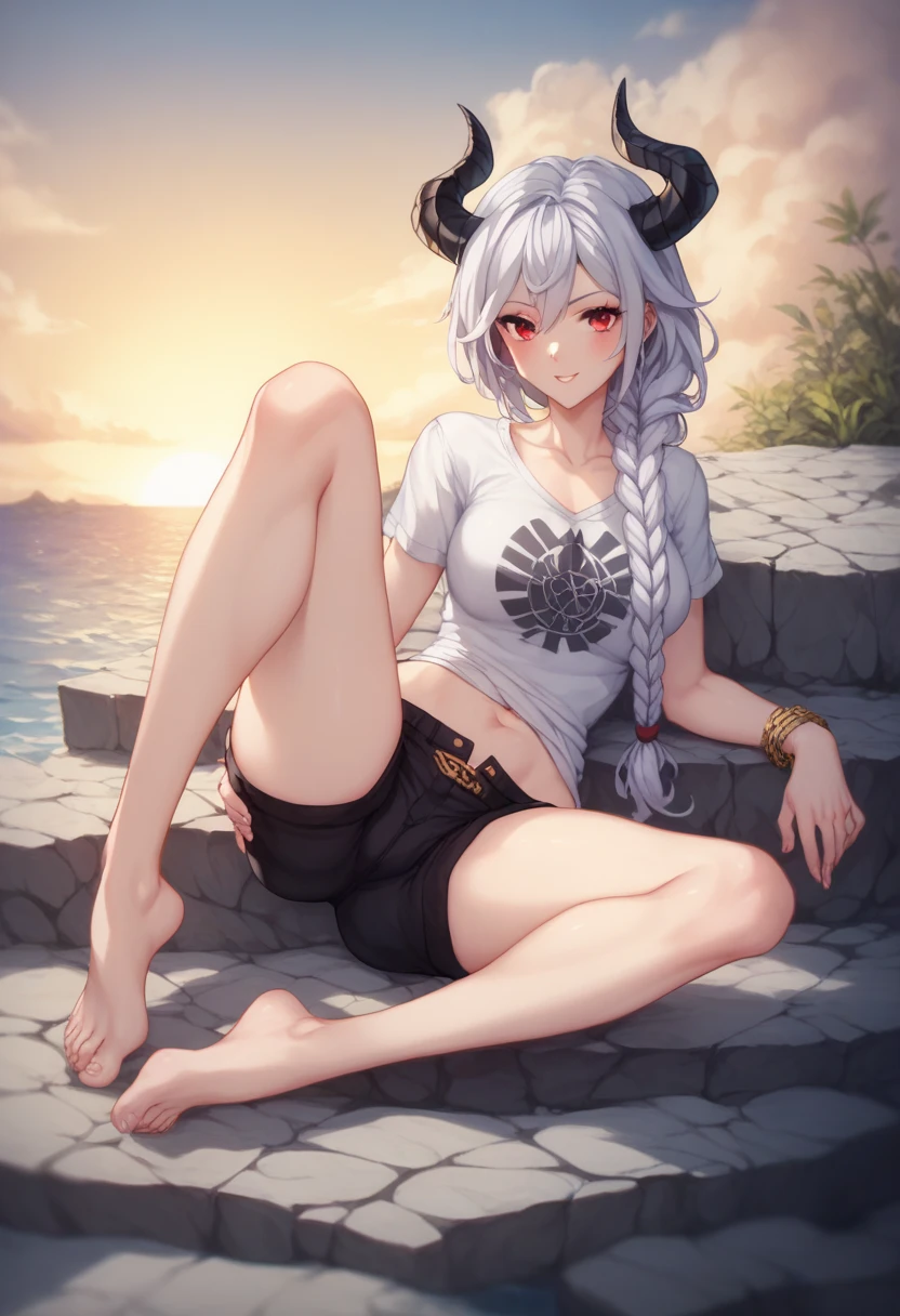 [ghislaine_mushoku_tensei], [mushoku tensei], ((masterpiece)), ((HD)), ((high res)), ((solo portrait)), ((full body)), ((front view)), ((feet visible)), ((detailed shading)), ((beautiful render art)), ((intricate details)), {beautiful woman; (dark-toned skin), (cute hazel-brown eyes), (short eyelashes), (long silver hair), (defined muscles), (defined abs), (large boobs), (curvy hips), (beautiful legs), (beautiful feet), (expressionless)}, {(revealing clothing), (navel), (black thong panties)}, {(laying on hammock), (laying on side), (looking in the distance)}, [background; (lake), (hot spring), (mountain), (fog), (clouds in sky), (sun rays), (pink and orange sky)]