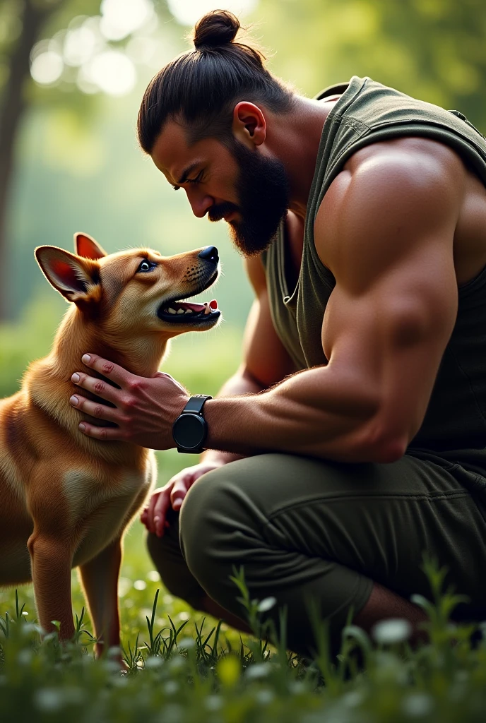 A big ass dog showing his balls and a man masturbating