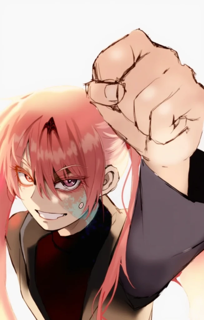 A girl surrounded by muscular men、Crying face、Pink Hair、blue eyes