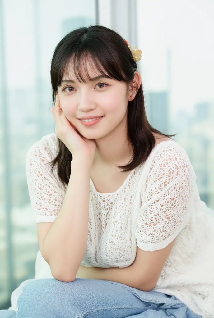 (masterpiece:1.2, Highest quality), (Realistic, photoRealistic:1.4), Beautiful illustrations, (Natural Side Lighting, Cinema Lighting), Written boundary depth, Looking at the audience, (Face Focus, whole body), Front view, 1 Girl, English, high school girl, 15 years old, Perfect Face, Cute symmetrical face, Shiny skin, (Bob Hair:1.7，Black Hair), Asymmetrical bangs, Big eyes, Droopy eyes, long eyelashes chest), thin, Beautiful Hair, Beautiful Face, Beautiful and beautiful eyes, Beautiful clavicle, Beautiful body, Beautiful breasts, Beautiful thighs, Beautiful feet, Beautiful fingers, ((High quality fabric, brown knit vest, Short sleeve white collar shirt, Navy Pleated Skirt, Navy bow tie)), (Beautiful views), evening, (smile, wonderful, Open your mouth), (From below:1.5),(((Backlight))),The butt turns to the viewer, On my hands and knees in bed