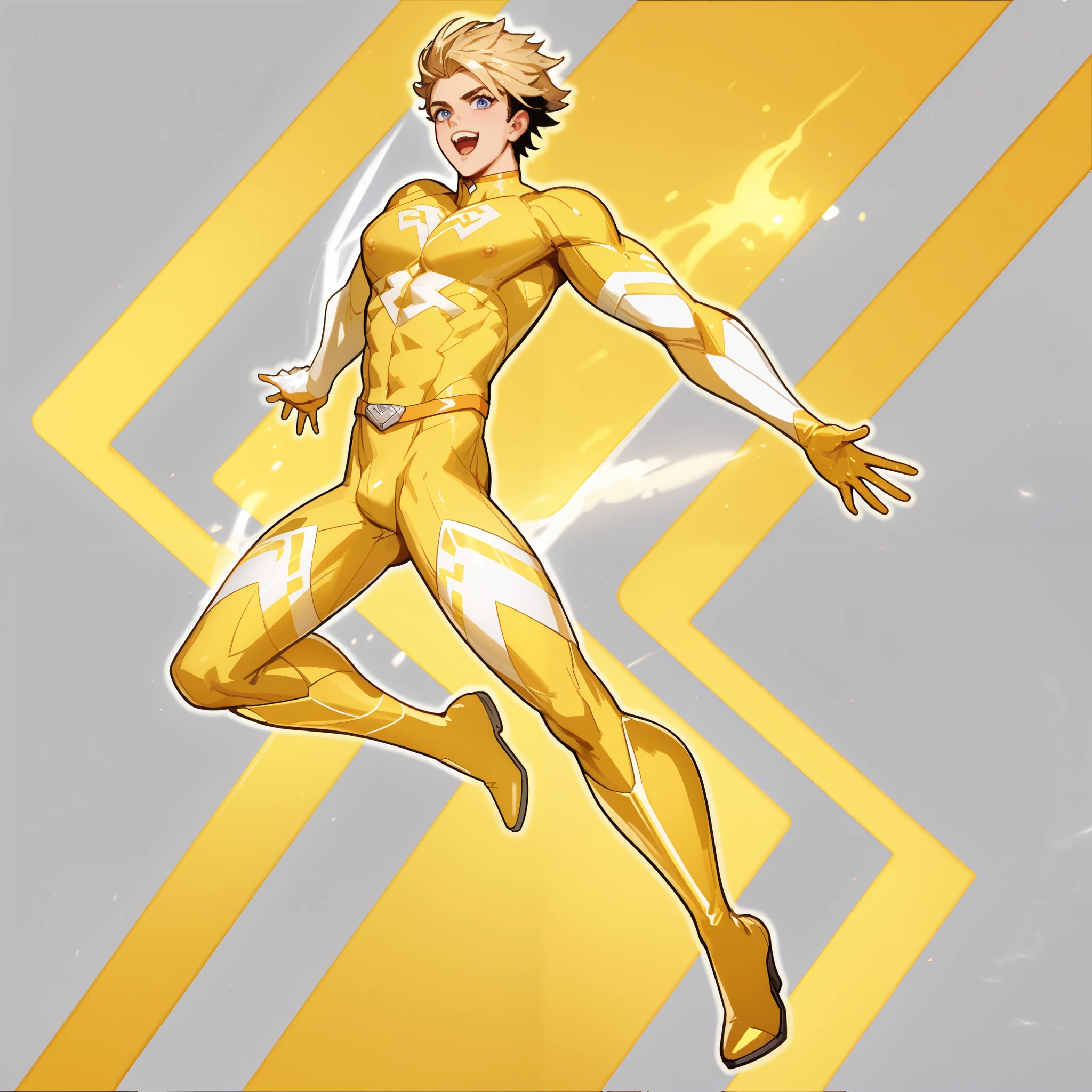 "A highly detailed and realistic superhero wearing a glossy, form-fitting yellow bodysuit with a reflective, high-tech material. His muscular physique is well-defined, and the suit accentuates his toned body. A large, glowing diamond-shaped emblem is embedded in the chest, radiating light. He wears white gloves, boots, and a matching white belt with a sleek, futuristic design. His short blonde hair is slightly messy, and his face shows a determined but slightly surprised expression. The lighting enhances the depth and realism of his form, with subtle highlights and shadows creating a three-dimensional effect. The background is pure white, making the character stand out vividly."