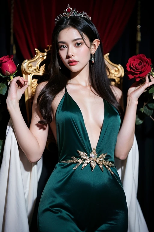((In the Chambord Castle:1.3)), (A beautiful girl descending the spiral staircase inside the Château de Chambord:1.3), (She stops halfway up the stairs and looks down.:1.2), light makeup, red lips, beautiful hair, (Shiny Black hair), (Medium Hair:1.3), elegant, soft lighting, Very fine details, masterworks, authentic texture, perfect work, (1 girl), (One Woman), 16k, high resolution, exquisite features, brown eyes, (Ultra-high resolution eye:1.1), Japanese idol, beautiful face, ((artists work)), (gentle smile like a goddess), attractive, well-shaped breasts, beautiful cleavage, shiny skin, smooth skin, BREAK, (Dark-green Marie Antoinette Costume Dress:1.3), BREAK, earrings, necklace, Peacock feather headdress, BREAK, upper body, Standing position, ((Dress being taken off:1.4)), (lovely smile), Low Angle Shot