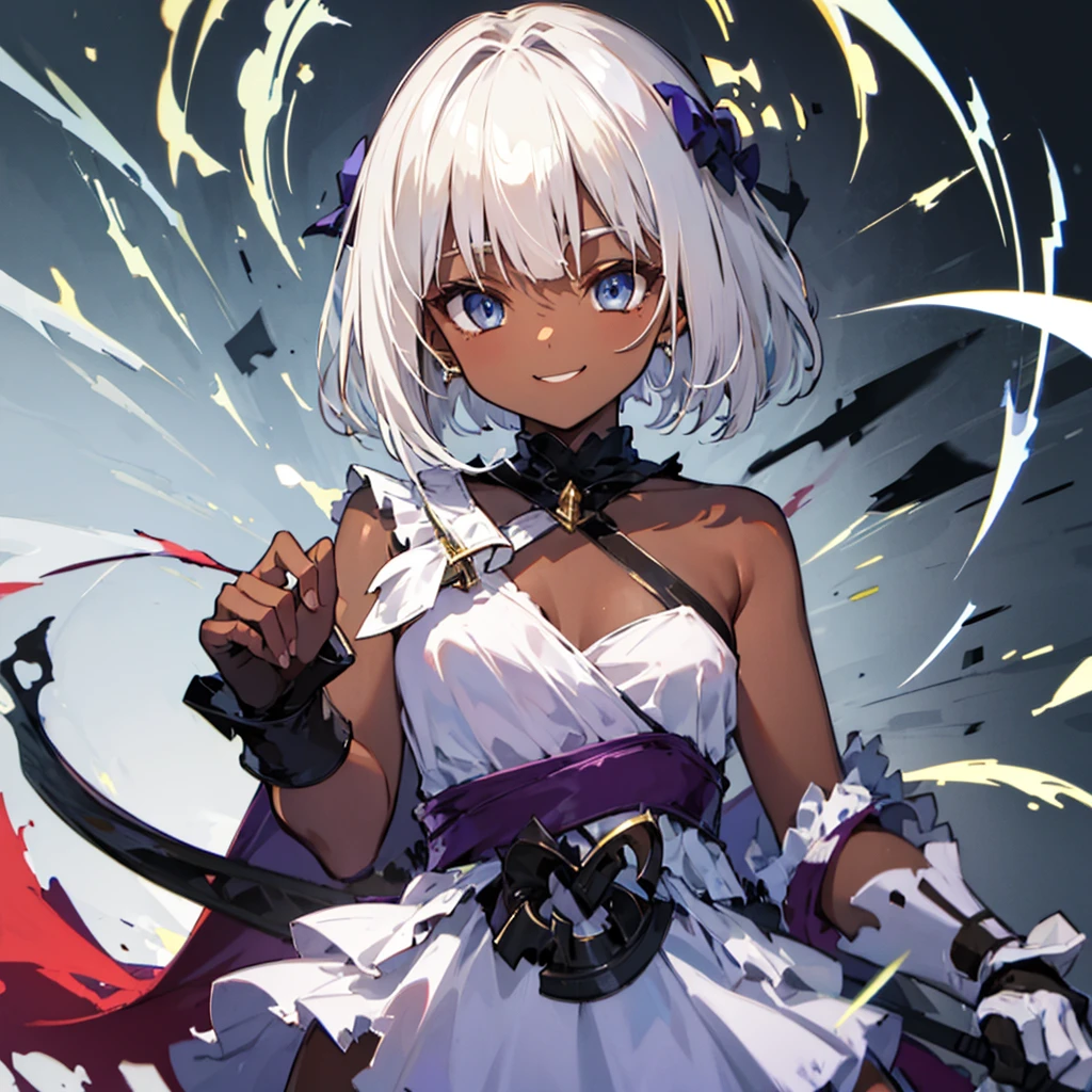 dark skin, white hair, evil smile, master piece,