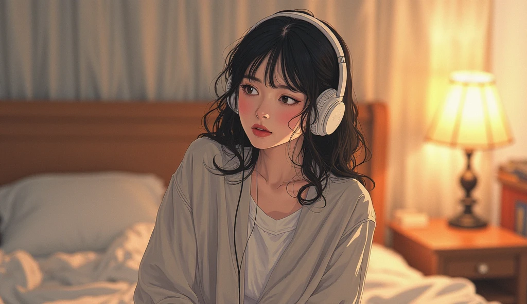 young woman sitting with long, wavy black hair listening to music with headphones, rays of light coming through the room