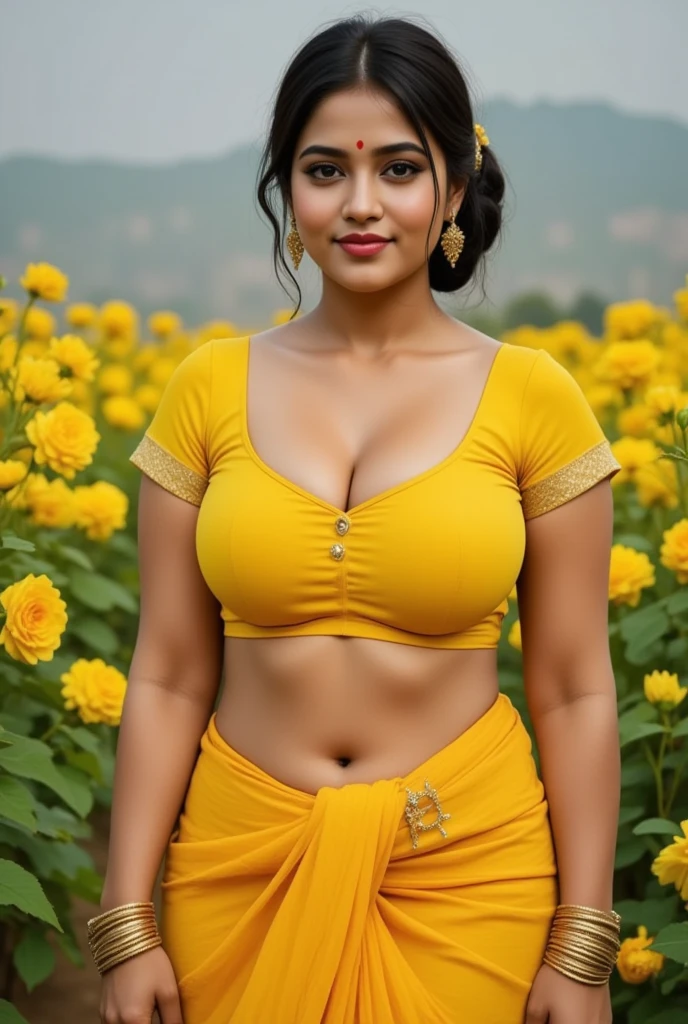 Beautiful woman, gigantic breasts, cleavage, wore stylish and design hot and sexy yellow and white colour saree , sitting in sunflower garden alone (afternoon time), sitting & model pose, beautiful body, masterpiece, ultra realistic,detailed, 16 k , Film type light, potrait photography, camera angle front, looking at viewer