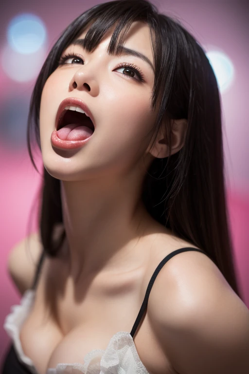 1 girl, (sticking out her tongue out), (tongue), ultra high resolution, realistic, highest quality, 8K resolution, masterpiece, Cat ear, ((choker, latex, tight swimwear)), Tank top, ((faceのクローズアップ)), (アヘface), kneel down, ah、face, please open your mouth wide, Stick out your tongue to receive, one hand in mouth, ecstasy, (faceに白い液体がついてる), faceを上げて, shoot from above, ( dripping from the mouth), tongueが出ている, ( accumulation on the tongue), ecstatic expression, a large amount of white fluid in the mouth, On the chest, delicate fingertips, complicated fingertips, NSFW, eyes roll back, look up,