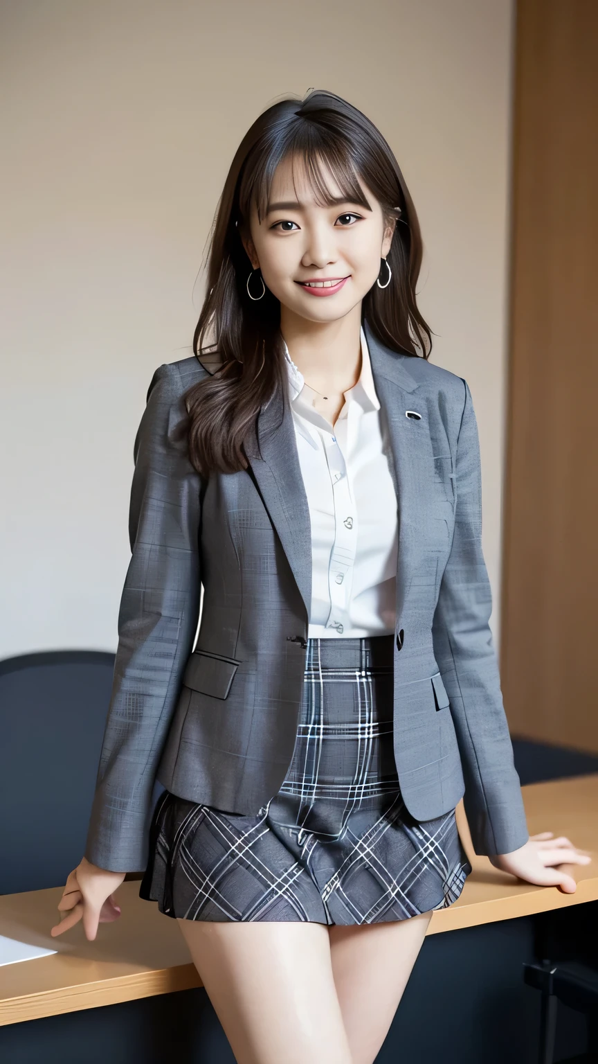( Japanese office lady 、25 year old japanese woman:1.2)、one woman、Extremely Beautiful Women、( plaid business suit、gray business suit、suit skirt:1.3)、black high heels、detailed face、detail eyes、beautiful lips、beautiful eyes、semi-long hair、black hair、smile、Thin face、Thin face、natural makeup、Beautiful Legs、simple earrings、At the company office、 office with desk and chair 、Office with Large Window、Woman walking indoors 、((RAW photo、Clear color photos))、perfect ratio