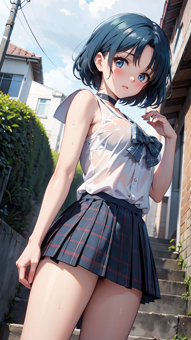 1girl, solo, white polo shirt, white sneakers, tennis wear, white miniskirt, masterpiece, best quality, realistic, hyper-detailed, (shiny skin, sweaty:1.4), absurd, looking at viewer, short black hair, brown eyes, slender, dynamic lighting, high resolution, sharp focus, depth of field, detailed eyes, sharp pupils, realistic pupils, (small breasts:1.6), (thick thighs:1.0), outdoor, sky