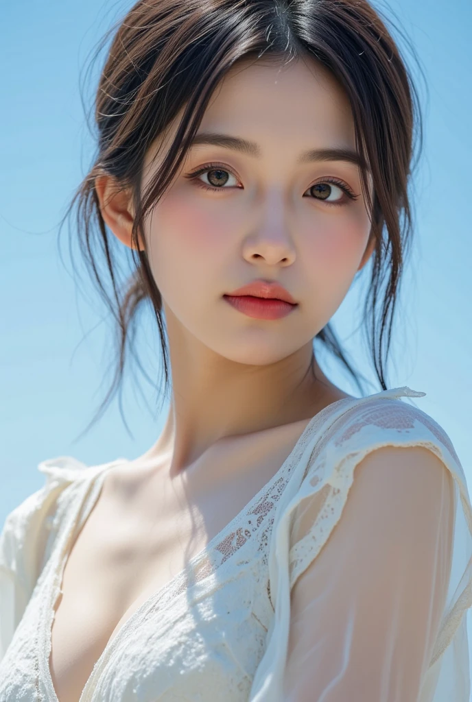 (Best Quality, 8k, 32k, Masterpiece, UHD: 1.2), Cute Japan Woman Pictures, 1 Girl, (Big: 1.1), (Tall Women), (Slim Figure: 1.1), (Lips), (Medium Short Black Hair), Bikini and Wet White Shirt, Realistic Ray Rays, Beach, Updo Hairstyle, Brown Eyes