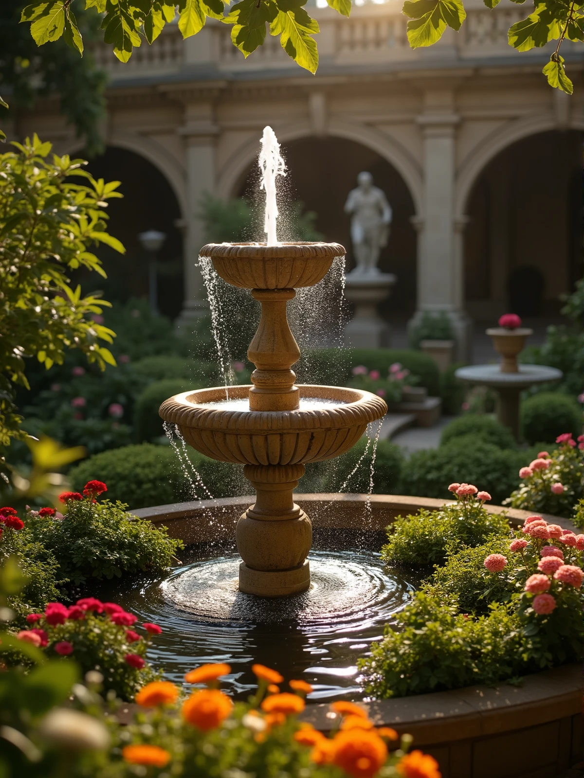 charming Greek antique garden, decorated with lush flowers and an elegant stone fountain, multi-stage fountain with sunshine, garden with an elegant statue and arches in the background, with soft sunlight, emphasizing the bright colors of the