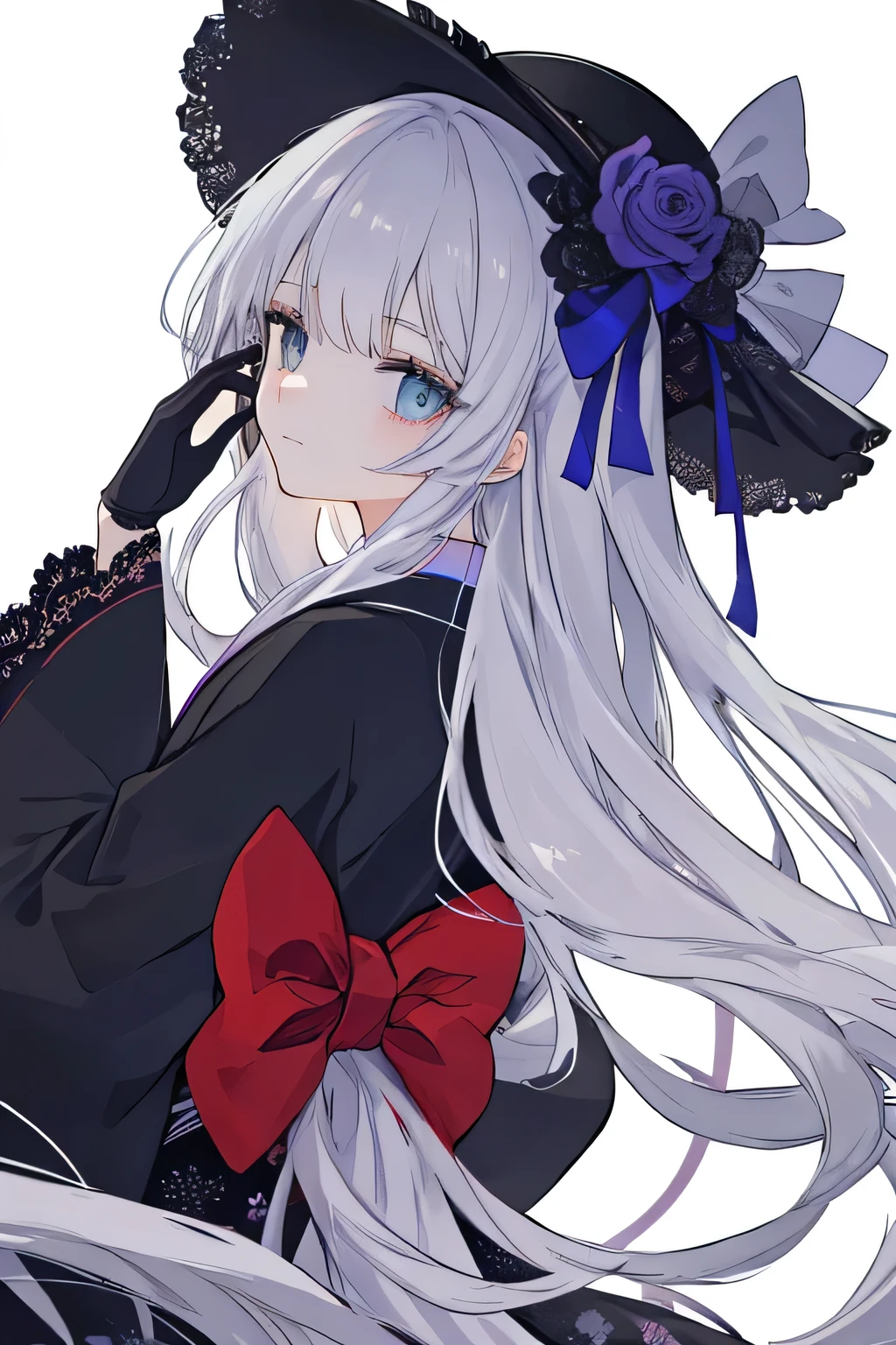 best quality, ultra-detailed, anime-style illustration, clean line art, soft shading, simple background, minimalistic details,
solo, ung woman, 25 years old, with long, silky violet hair, styled in a perfectly defined hime cut,
sharp, straight bangs cut evenly above her eyebrows, with two longer sidelocks framing her face,
her hair cascades smoothly down her back, enhancing her mysterious and elegant aura,
she wears a traditional Japanese kimono with gothic influences,
a black kimono adorned with intricate white and silver embroidery, a soft teal inner collar subtly visible,
her long, flowing sleeves add to her refined and graceful silhouette,
on her head, she wears a small, elegant gothic mini hat, slightly tilted to the side,
decorated with delicate lace trim, thin ribbons, and a single dark rose,
a subtle, semi-transparent lace detail attached to the hat drapes just slightly over her hair,
(but does not cover her face),
her expression is subtly melancholic, a faint, unreadable smile playing on her lips,
her deep violet eyes are captivating, with long, elegant eyelashes,
her lips have a soft, subtle gloss, enhancing her ethereal beauty,
soft lighting, refined character design, subtle color gradients, dramatic shading enhancing the gothic atmosphere