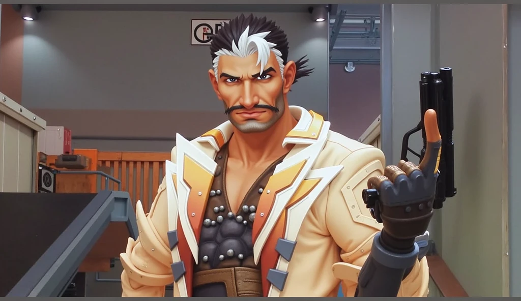 mauga_overwatch, t-shirt, cargo pants, smiling, looking at viewer, standing, bar counter, night <lora:Mauga:0.8>