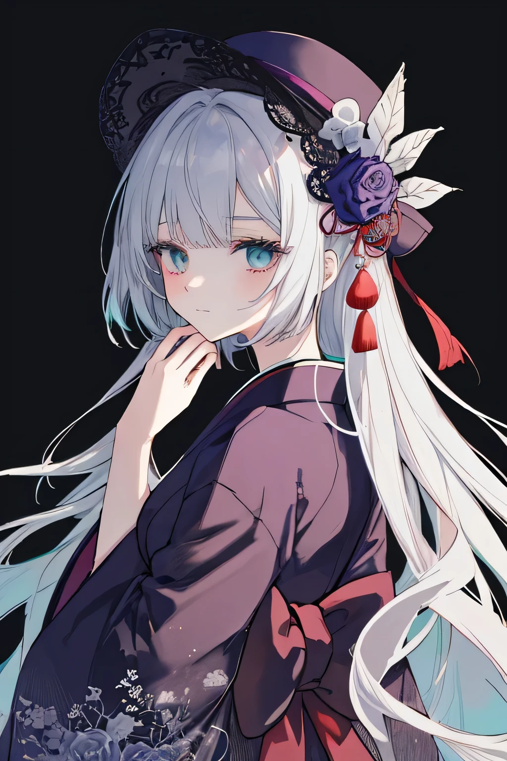 best quality, ultra-detailed, anime-style illustration, clean line art, soft shading, simple background, minimalistic details,
solo, ung woman, 25 years old, with long, silky violet hair, styled in a perfectly defined hime cut,
sharp, straight bangs cut evenly above her eyebrows, with two longer sidelocks framing her face,
her hair cascades smoothly down her back, enhancing her mysterious and elegant aura,
she wears a traditional Japanese kimono with gothic influences,
a black kimono adorned with intricate white and silver embroidery, a soft teal inner collar subtly visible,
her long, flowing sleeves add to her refined and graceful silhouette,
on her head, she wears a small, elegant gothic mini hat, slightly tilted to the side,
decorated with delicate lace trim, thin ribbons, and a single dark rose,
a subtle, semi-transparent lace detail attached to the hat drapes just slightly over her hair,
(but does not cover her face),
her expression is subtly melancholic, a faint, unreadable smile playing on her lips,
her deep violet eyes are captivating, with long, elegant eyelashes,
her lips have a soft, subtle gloss, enhancing her ethereal beauty,
soft lighting, refined character design, subtle color gradients, dramatic shading enhancing the gothic atmosphere
