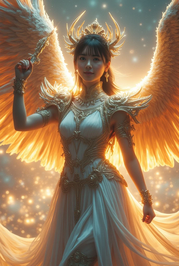 (best quality, masterpiece, colorful, dynamic angle, from below, highest detailed)upper body photo, full body photo, fashion photography of cute mechangel, glowing 4 wings, solo, glowing armor, glowing halo, building, glowing mechanical 4 wings (intricate details, hyperdetailed:1.15), detailed, light passing through hair, (official art, extreme detailed, highest detailed), HDR+