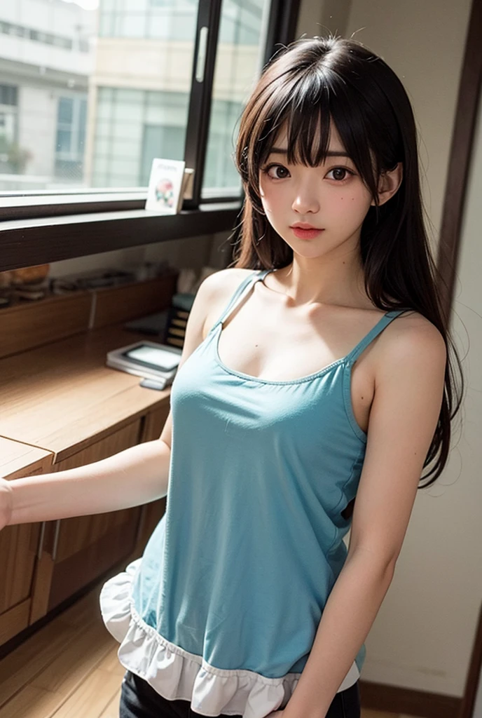 highest quality、8k Masterpiece、超A high resolution、(Photorealistic:1.3)、RAW Photos、1 girl、Short black hair swaying in the wind、Glowing Skin、((Ultra-Realistic Details))、Portrait、Global Illumination、Shadow、Octane Rendering、8k、Super sharp、Beautiful breasts、Beautiful Eyes、Bright colors、smile、Very intricate details、Realistic Light、CGSoation Trend、Beautiful Eyes、Shining Eyes、A big smile for the camera、Neon Details、20age、Mean、Small devil、Obscene、wide shot、full body、Silver charm on the ankle、Young body shape、未来的な白いIdol衣装、Cosplay、A little sexy、Moe、Super cute、cute、pure、Fall in love、Idol、可愛いIdolステージ衣装、A girly cafe with gentle sunlight、A smile that will make any otaku swoon