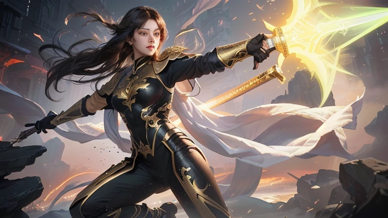 The finest image, portrait, Detailed and detailed depiction, Female warrior wearing long black leather coat, Sexy, beautiful, Lovely, Abdominal muscles, slim, sentimental expression, obscene expression, Light silver gloss braided bangs short hair, light blue sparkling big eyes, Double eyelids, Background Northern Renaissance style, galaxy, Midnight City, ruins, piles of rubble, Puddle, Rainbow and golden neon multiple lines, Rainbow, Magic Circle, fantasy, Professional lighting