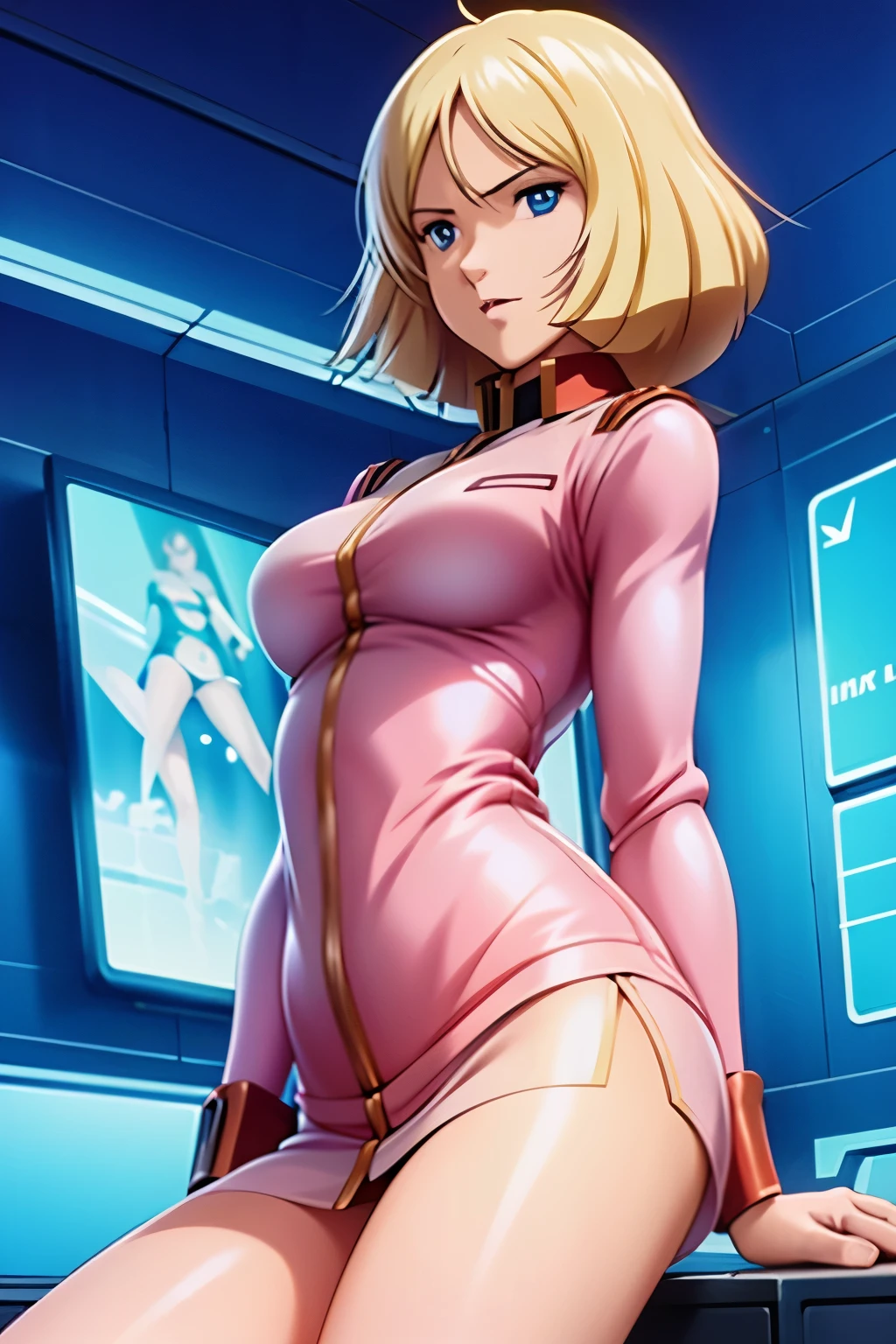 Browsing Caution, (Best image quality,highest quality,Highest Resolution, Ultra-Realistic Images,Very detailed,masterpiece),Sayla Mass,Blonde Short Hair,((Sticky with sweat)),Big Breasts, Erect nipples, (Shiny pink latex bodysuit),Abdominal muscles, Camel Toe,blush, Eyes in Love, Dynamic pose ,Browsing Caution,