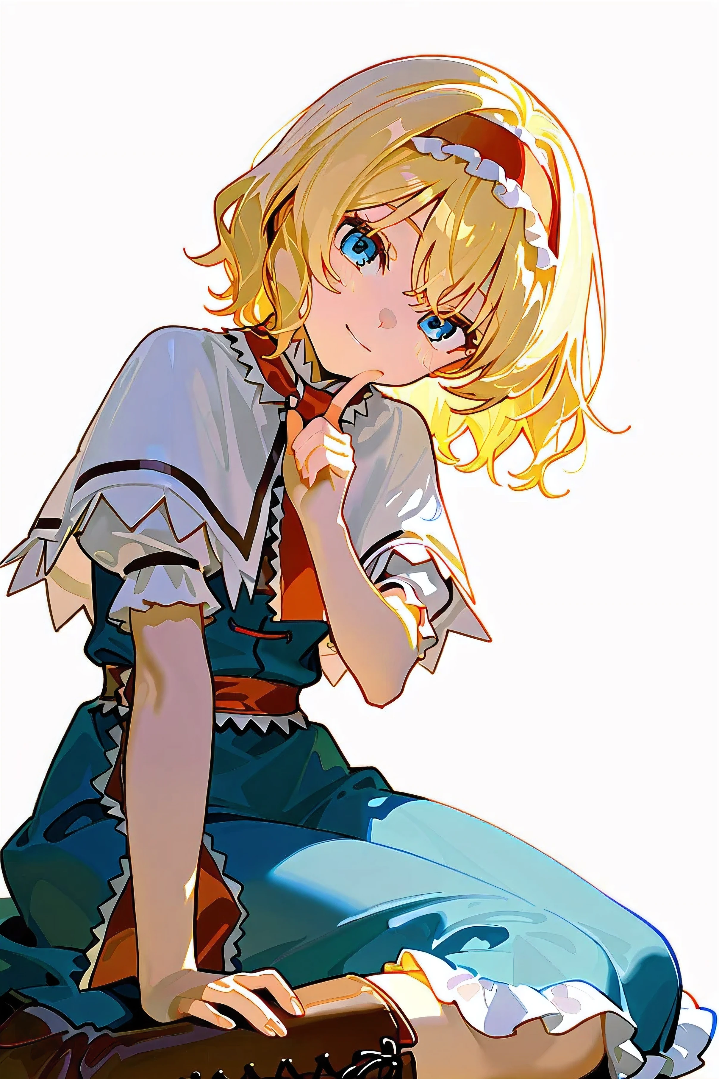 Adorable, 1girl ,alice margatroid, medium hair, blonde hair, blue eyes, ,red hairband, ta hairband, frilled hairband,Pause,finger to the chin
white capelet, blue dress, frilled dress, frilled ascot, red ascot, puffy short sleeves, brown footwear, cross-laced footwear, boots,white simple background,(white backgroud:1.2),looking at viewer,head tilt,light smile,details、masterpiece,standup,