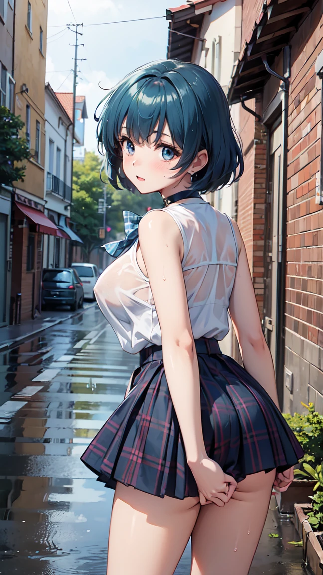 BREAK looking at viewer, BREAK (masterpiece:1.2), best quality, high resolution, unity 8k wallpaper, (illustration:0.8), (beautiful detailed eyes:1.6), extremely detailed face, perfect lighting, extremely detailed CG, (perfect hands, perfect anatomy),city,street,buildings,wet road,soft light,night,rei ayanami, blue hair, short hair, (red eyes:1.5),
blue dress, dress, neck ribbon, pinafore dress, red ribbon, ribbon, school uniform, short sleeves, short-sleeved sweater, sweater,wet uniform,nipples see through,upskirt,showing panties,camel toe,from behind,ass view,