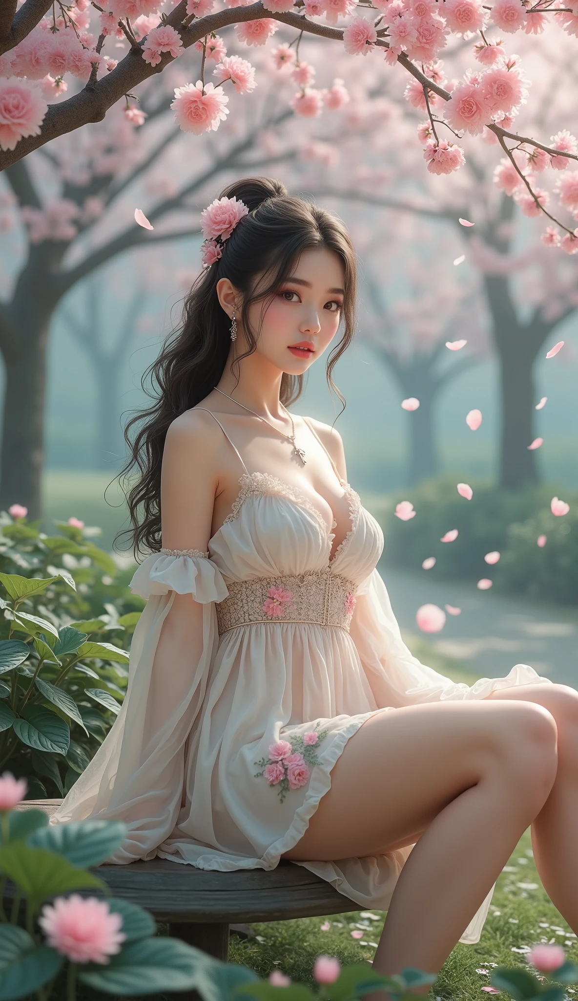 1girl,brown hair,twintails,holding straight staff,(quality improvement:1.4),1girl, Visible cleavage,Sexy long legs,The skirt is short,She gently lifted her skirt with one hand,Surrounded by white Phalaenopsis orchids,Lilac dendrobium、White Lily, Flying petals,(Top quality leather), Delicate face,Black Hair, Gradient hair, Body,(Body1.1), He has a precious gem on his forehead., Shining Student,Long eyelashes,Smile, Surrealism, Movie Lighting, Projection Insertion, Surrealism, Ultra HD, masterpiece,lie,Keep dreaming,Open your legs slightly.,Tattoo,Fantasy Space,Luxurious space,Exquisite makeup,Blush,Shy expression
