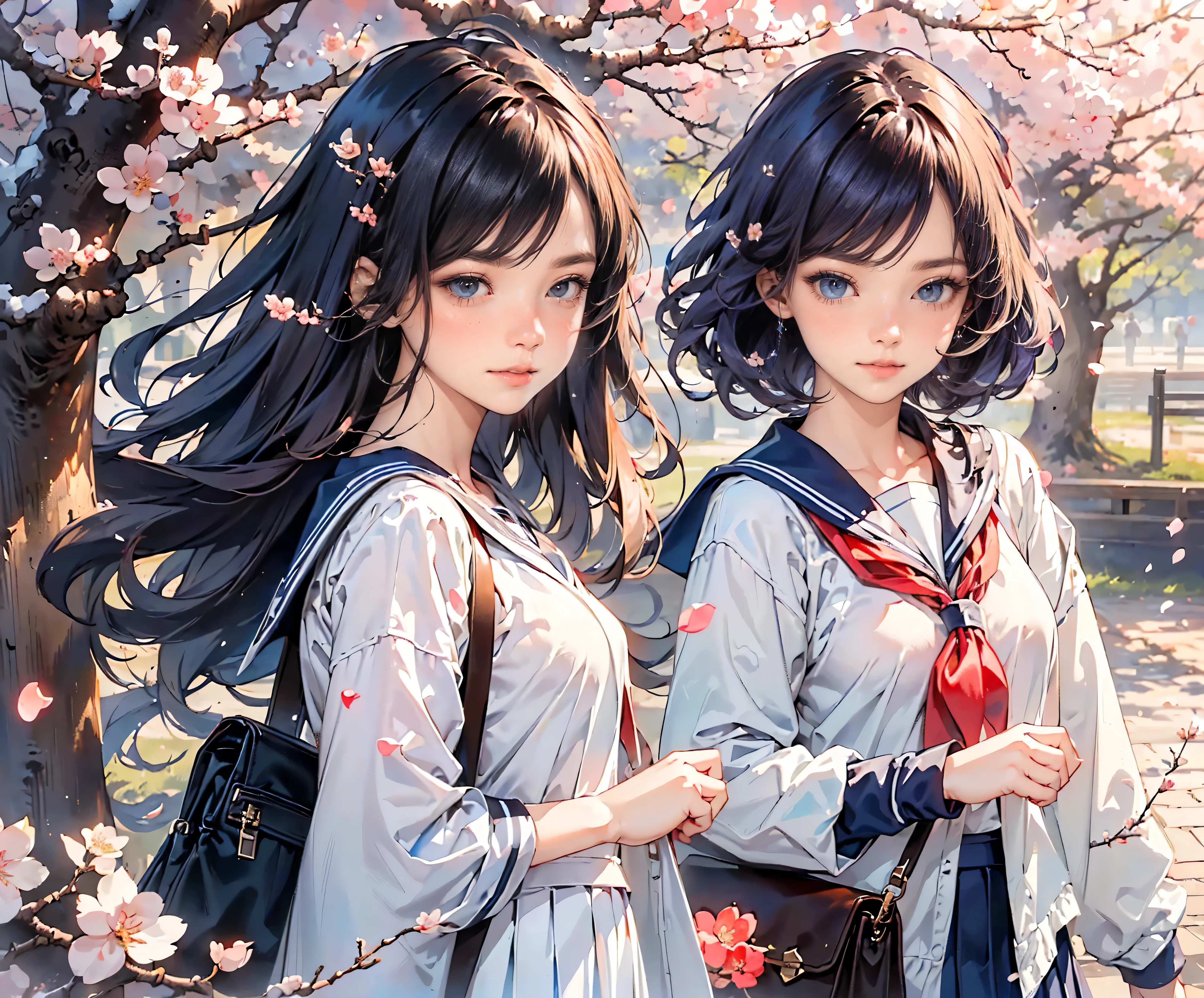 Top quality, 8K, best quality, masterpiece, ((Odd-eyed high school girl)), ((Heterochromia, red eyes, blue eyes)), ((Sparkling and exquisite eyes)), (Very fine eyes), (Long platinum and purple hair), Princess cut, ((Translucent and smooth white skin)), Shiny skin, Very white skin, ((Very beautiful face, immaculate face)), ((Small breasts)), (Anatomically accurate), ((Detailed depiction down to the fingertips)), ((Walking along the cherry blossom-lined street wearing a navy blue long-sleeved sailor uniform)), (Wearing a navy blue pleated skirt)), ((Shoulder bag)), Beautiful cherry blossoms, ((Many petals are dancing in the wind)), Smiling face, Very beautiful, Ultra-realistic
