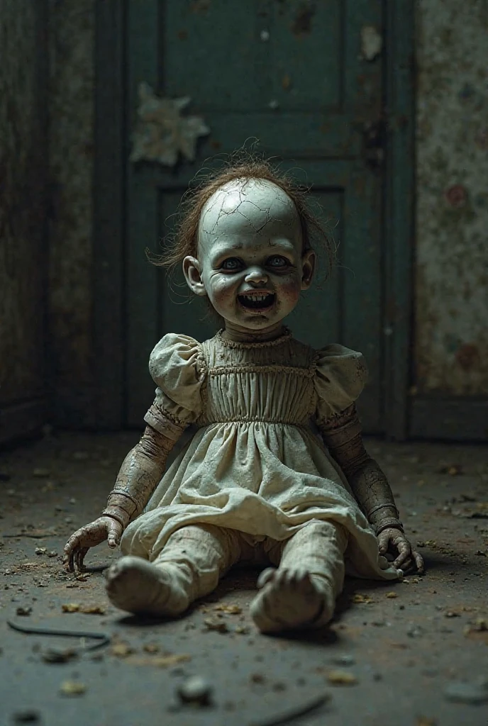 Scary child with bloody clothes holding a torn doll In the dark