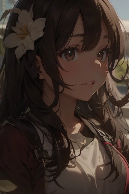 (masterpiece, best quality:1.2), samidare asahina, 1girl, brown eyes, brown hair, (tits cleavage:1.15), (waving is hands:1.2), (breasts close up:1.15), (suspenders:1.2), (dress:0.65), (blue clothes:1.05), (belts:0.7), (frills shirt:1.2), (white knit sweater:1.2), camisole, exposed breasts, straps, (cross:1.05), upper body, (long wavy hair:1.2), (one side up:1.2), nun, long sleeves, (both hands:1.15), (perfect hands:1.05), (five fingers:1.05))), background ((red sky, dawn, rose, rose garden, castle, horizon:1.43))