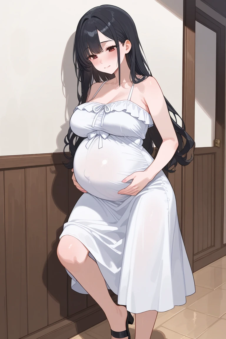 White woman, Black hair, Big White hat, Red eyes, Thick body, Huge breasts, Big boobs, Big ass, Tall, White dress, Anime style, Ghost aura, Giant breasts, big boobs, Giant breasts 