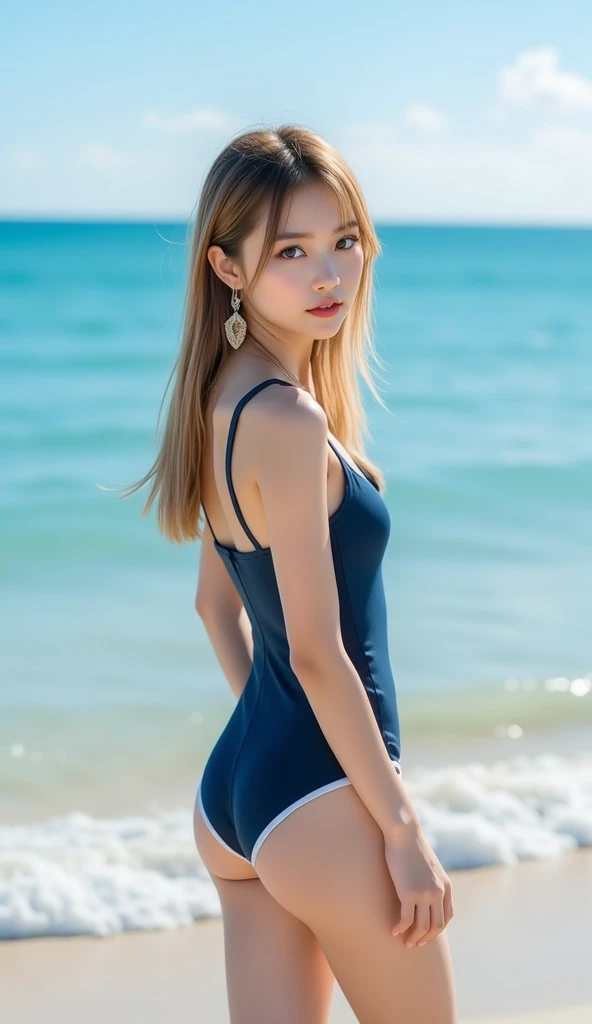 Naked blonde teen girl squatting on the beach