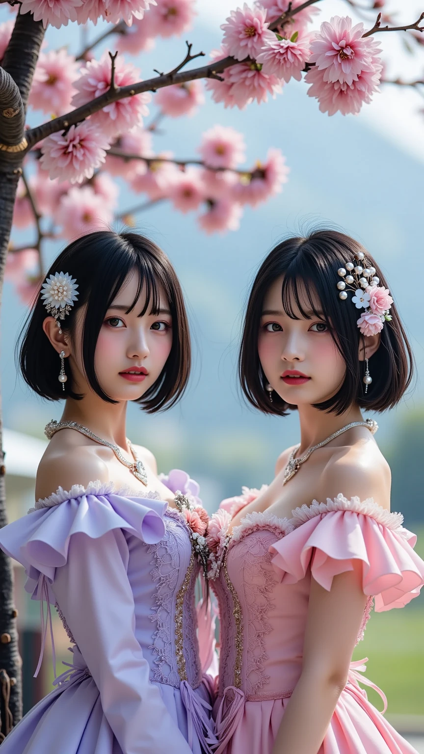 (masterpiece:1.4), (best quality:1.4), ultra high res, ultra high resolution, ((detailed facial features)), HDR, (realistic, photorealistic, photo-realistic:1.37), full body Esbian, sexy Indonesian model, (-anime), only 1 model, vivid colors, ((vivid colors multicolor (fuchsia, pink, light blue, purple) very short hair)), (big smile), lip-gloss, long lashes, ultra detailed metallic makeup, defined eyebrows, wearing a red silk Paradise Kiss cosplay dress with black floral embroidery, ((vivid colors outfit)), vivid colors, look at the camera, cinematic light, large park background with trees, sweet and sexy pose