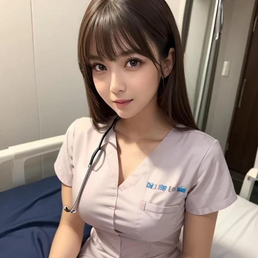 (8K、Live shooting、highest quality、masterpiece:1.2、optimal lighting),(Photo taken by a professional photographer),(real、photo real:1.4),break,(1 woman、Japanese、30 years old、Refreshing、clear、seems kind、stylish、(narrow eyes),(long eyes)、Pitiful、cute like an angel、cute、black eyes、Idol,actress,),(very cute)、(chestnut hair:1.4),(curly hair:1.4),(medium long hair),(enchanting eyes),(highlight on eyes:1.4)、{ (Pink theme:1.2),(nurse costume),(nurse), (nurse uniform:1.4),(Skirt)}, break, break,(Hospital,hospital room),(on the bed),(night),break,,break,( Smile:1.2),(sitting on the bed),( face facing the viewer:1.0),night