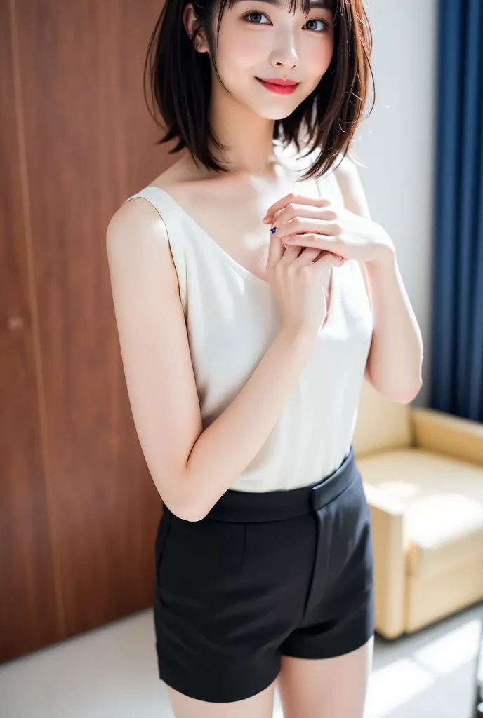 Genuine, Clear photos. Japanese, woman, Age 35. Beautiful body, white and smooth skin. Bob Hairstyle. A pure and simple beauty,Wearing a sleeveless blouse and a short skirt, wearing the garterbelt. One hand raised,Sitting with one leg on the sofa、Attractive thighs,Small panties are clearly visible,性的サービスを提供するwoman. She is sexually active. Use condoms during sexual activity. Offering oil massages. Using suggestive language.