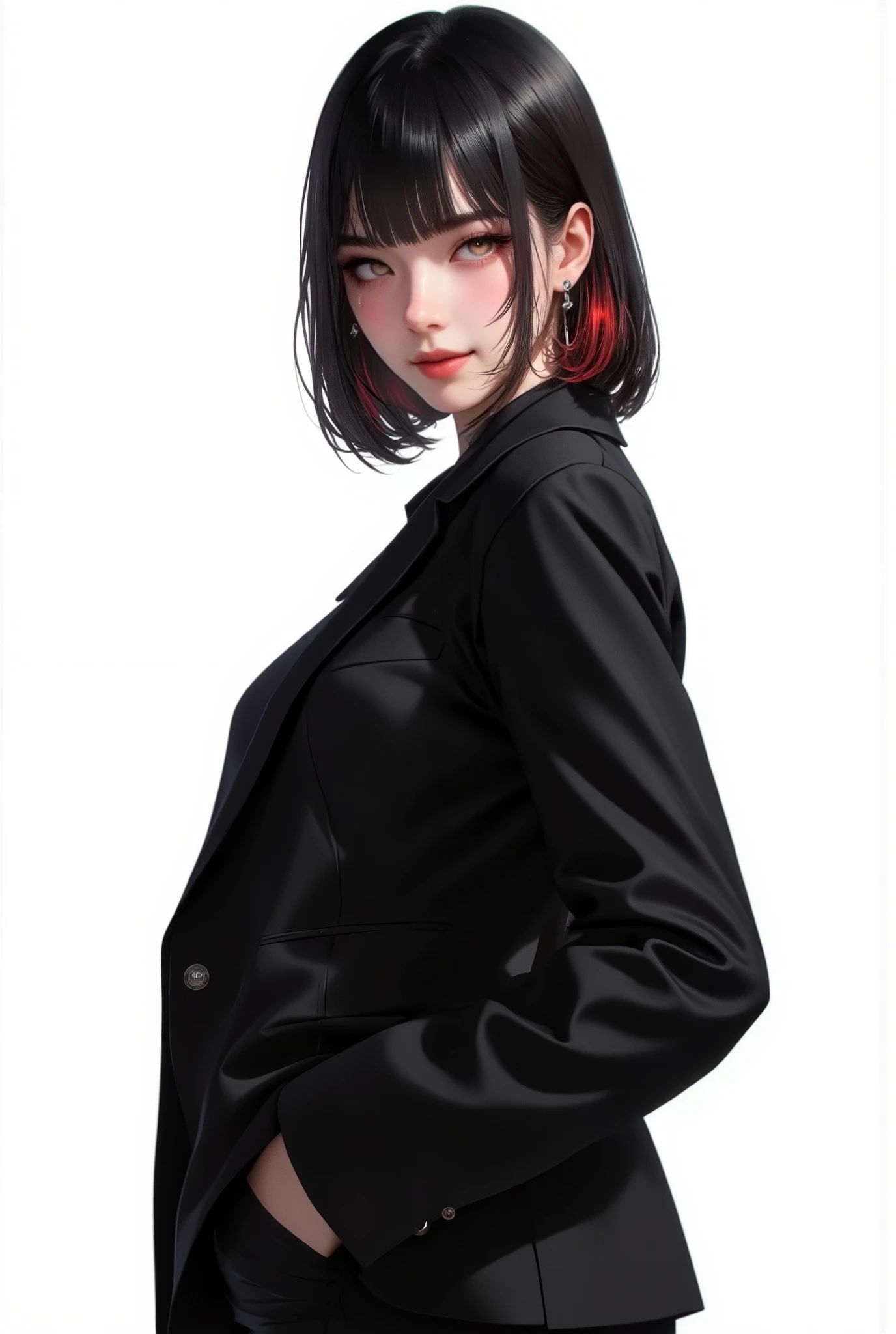 1girl, Solo, Short black Hair Between Eyes, , brown eyes, black suit jacket, red dress shirt, black suit pants, red background 