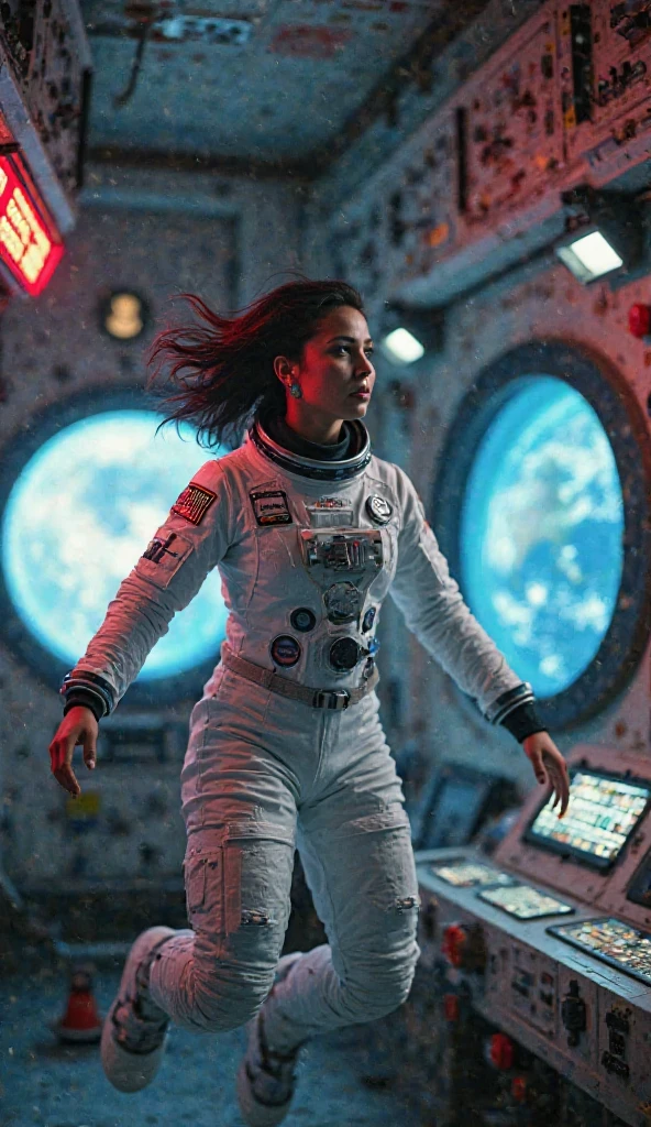 Astronaut looking scared at the viewer, transparent space helmet visor, gesturing with hands towards the viewer communicating with hands towards the viewer, expressing yourself, In the scenario there are immense frozen mountains. The soil and frozen environment, snow covered, icy storm,A humanoid polar white bear is hunting its food . In the scenario there are immense frozen mountains. The soil and frozen environment, snow covered, icy storm