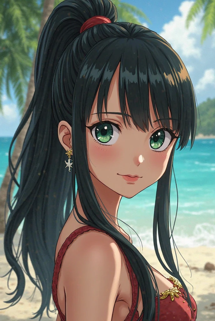 highest quality、Realistic、zoom、Chestnut Hair、Moss green eyes、Long Straight Hair、One piece swimsuit、Tanned black body、Tan、Brown Skin、boyish、Sweat、smile、Ocean、
