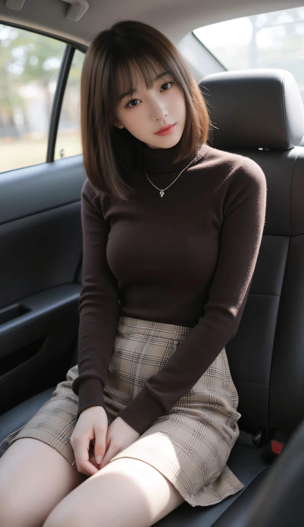 "A realistic scene of a young woman sitting in the backseat of a car. She has straight, shoulder-length brown hair. She is wearing a dark brown turtleneck sweater with a small pendant necklace around her neck. Her skirt is a beige and brown checkered pattern, knee-length, and tightly fitted. She sits with her knees together, her left hand resting on her knee, and her right hand placed on the seat's armrest. The car's interior is dark gray, with soft natural light streaming through the window, illuminating her gently. The background features a subtle bokeh light effect, creating a dreamy and realistic atmosphere. Highly detailed, photorealistic style, sharp textures, natural lighting, cinematic composition."