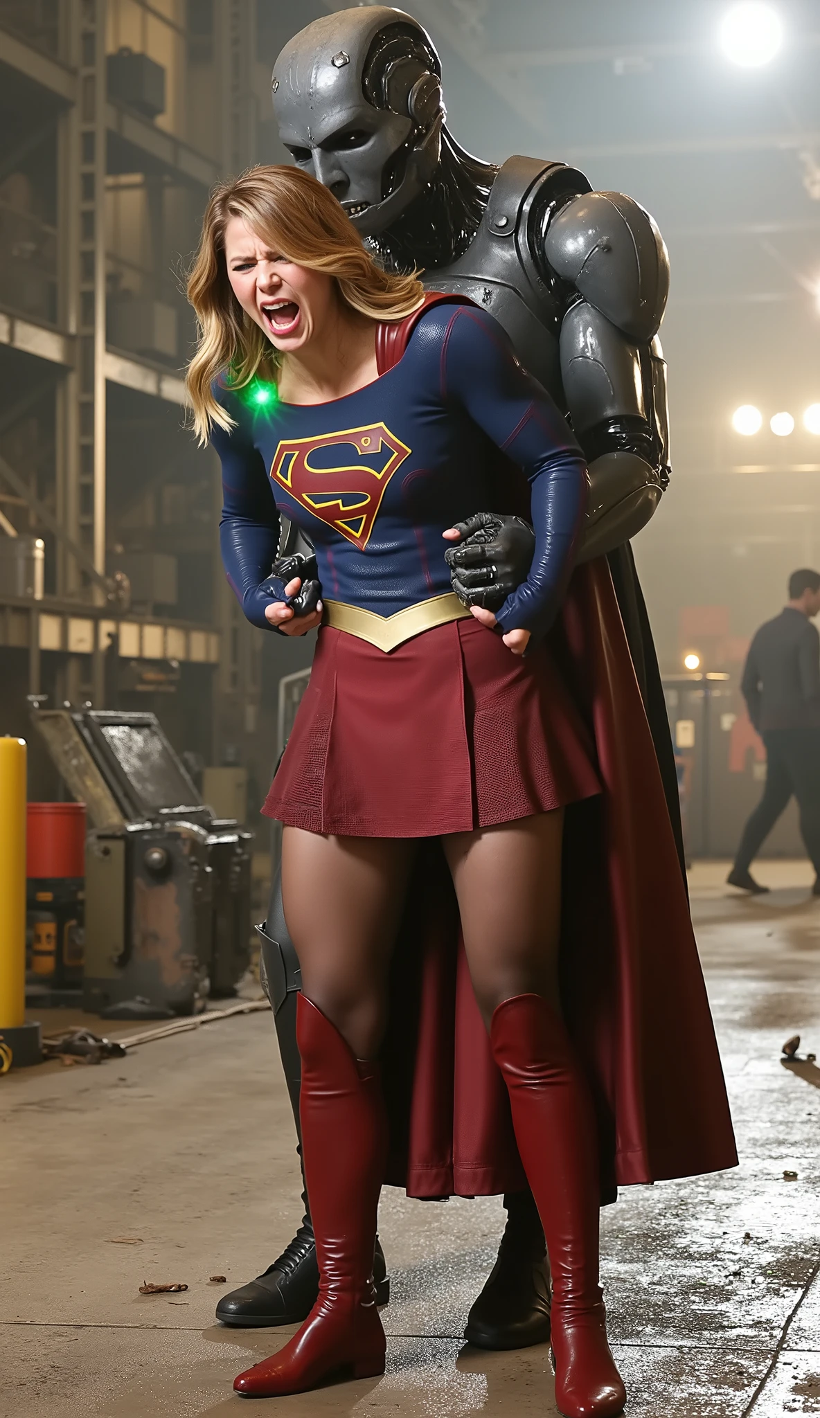 Melissa Benoist as Supergirl, (a very short skirt), fighting with an enemy, she is sexual assaulted from behind by Lex Luther the robot, she bend down and push his hand out, a green lighting collar on her neck, painful face, (Supergirl is screaming in pain), Lex Luther is a strong big robot, he is hugging her tightly from behind, he pull her skirt up and push his private part into her body, whole body from head to feet are visible, in the factory, night time, bright spot lighting,