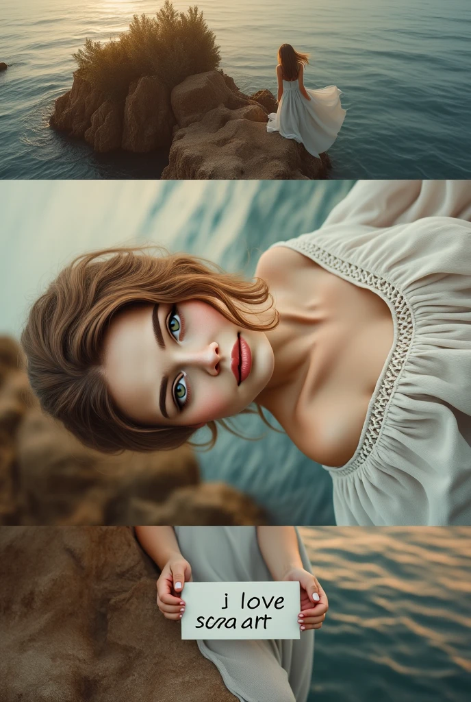 mysterious hobo woman, kneeling in water, torn t-shirt, short skirt, big breasts, photorealism, amazing depth, beautiful art, maximalism, fantasy concept art, impressionist oil painting by Claude Monet, Geoffroy Thoorens, James Christensen, Russ Mills, intricate, cinematic lighting, highly detailed, smooth, sharp focus, perfect balanced style, amazing depth, complementary colors, whimsical clouds, hyperdetailed, dark light, stunning masterwork