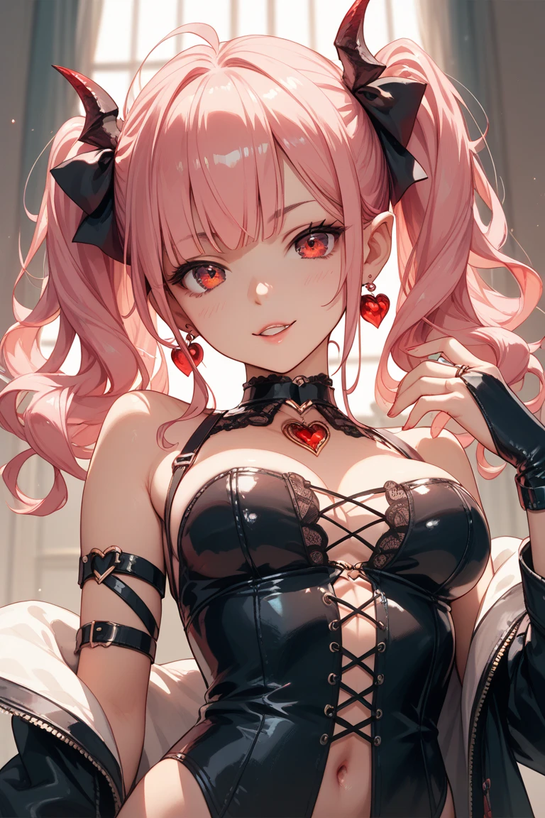 Black and pink hair color, pink eyes,sexy woman, cat ears, hearts, floating hearts, face only,  long hair, smiling, hair ornament, up close face, closed mouth smile, up closeface, hair bows, sexy body, pink outfits 