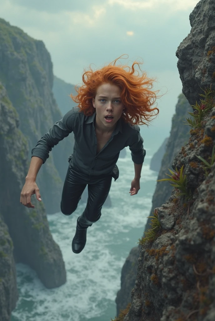 In this riveting scene, the talented woman named Sara Carrolli, bravely taking on the role of an adventurous protagonist, performs a breathtaking action shot as she leaps from a cliff, her long, tawny locks flying behind in the wind.