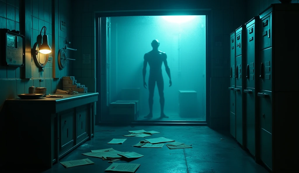 A black haired male police officer, wearing a bulletproof vest facing backwards and staring , where there is a man hanging with a chain without wearing any clothes, The atmosphere is tense like a psychopath. Realistic back to camera