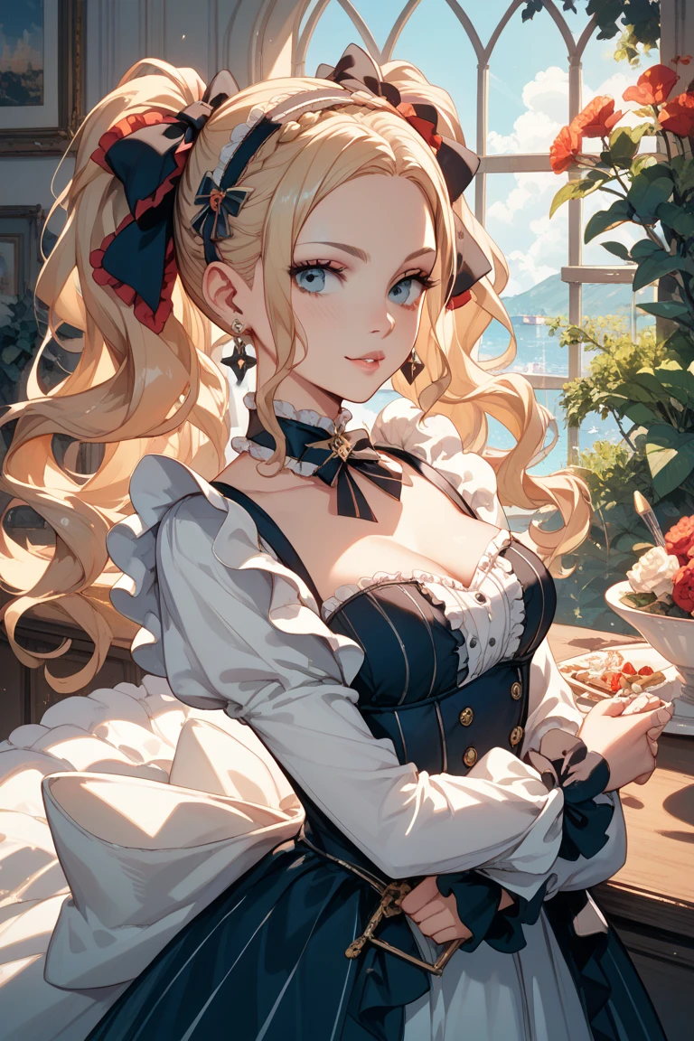 perfect eyes:1.2, detailed eyes:1.4, Emilie T8, blunt bangs, blue eyes, long hair, blonde hair, thighhighs, lace-up boots, pink frilled dress, frilled ascot, fingerless gloves, smile, red eyeshadow:1.2, makeup:1.2, cowboy shot, 1girl, solo, (masterpiece:1.6, best quality), 8k, insane details, intricate details, hyperdetailed, hyper quality, high detail, ultra detailed, professional, HDR, ray tracing reflection, cinematic lighting,