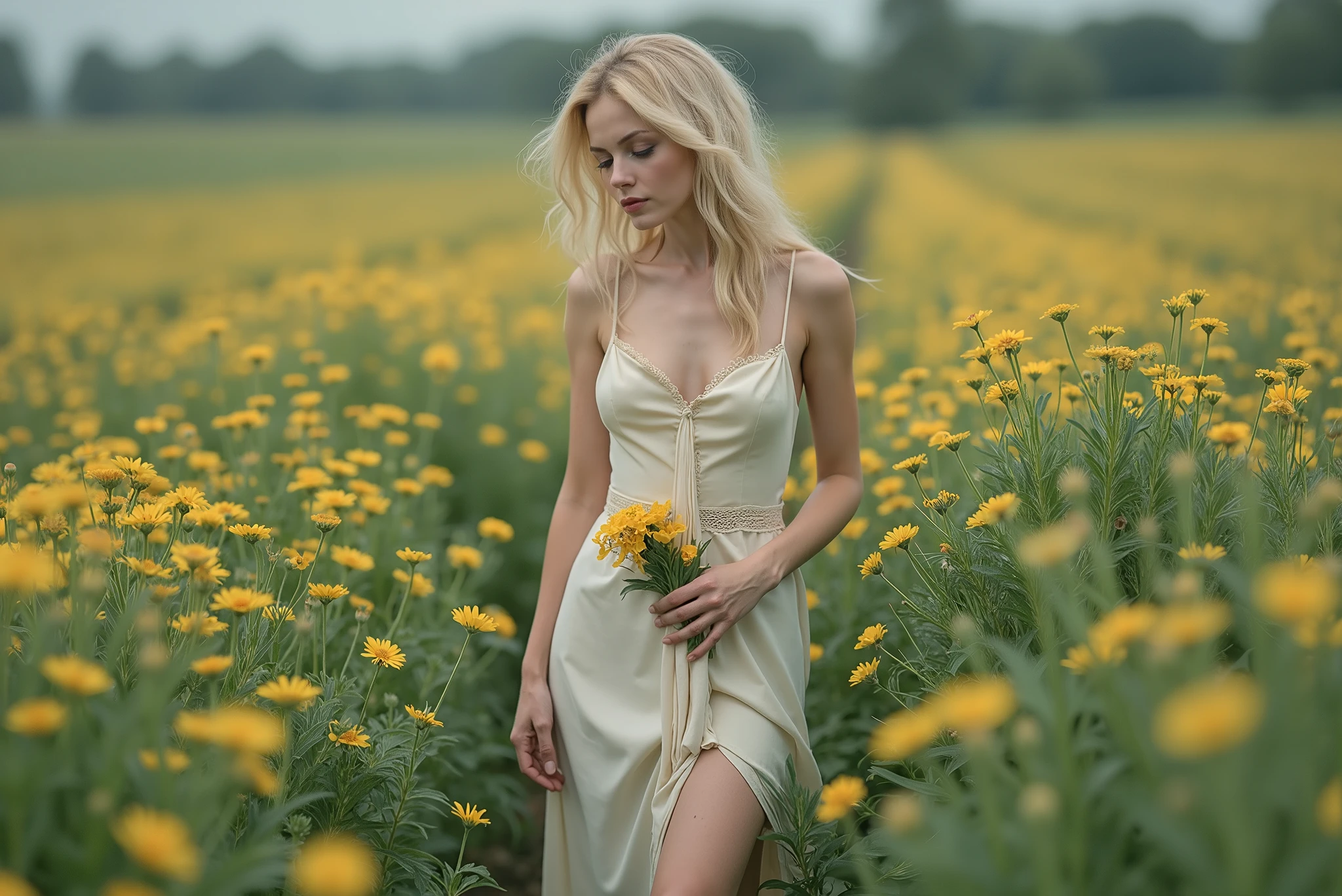 High quality, high definition detailed photo of young nice european slender blond woman in a field of yellow flowers holding a flower, in a field of flowers, in a field with flowers, standing in a flower field, in a field, standing in a field with flowers, sitting in a field of flowers, standing in flower field, girl in a flower field, a goddess in a field of flowers, woman standing in flower field