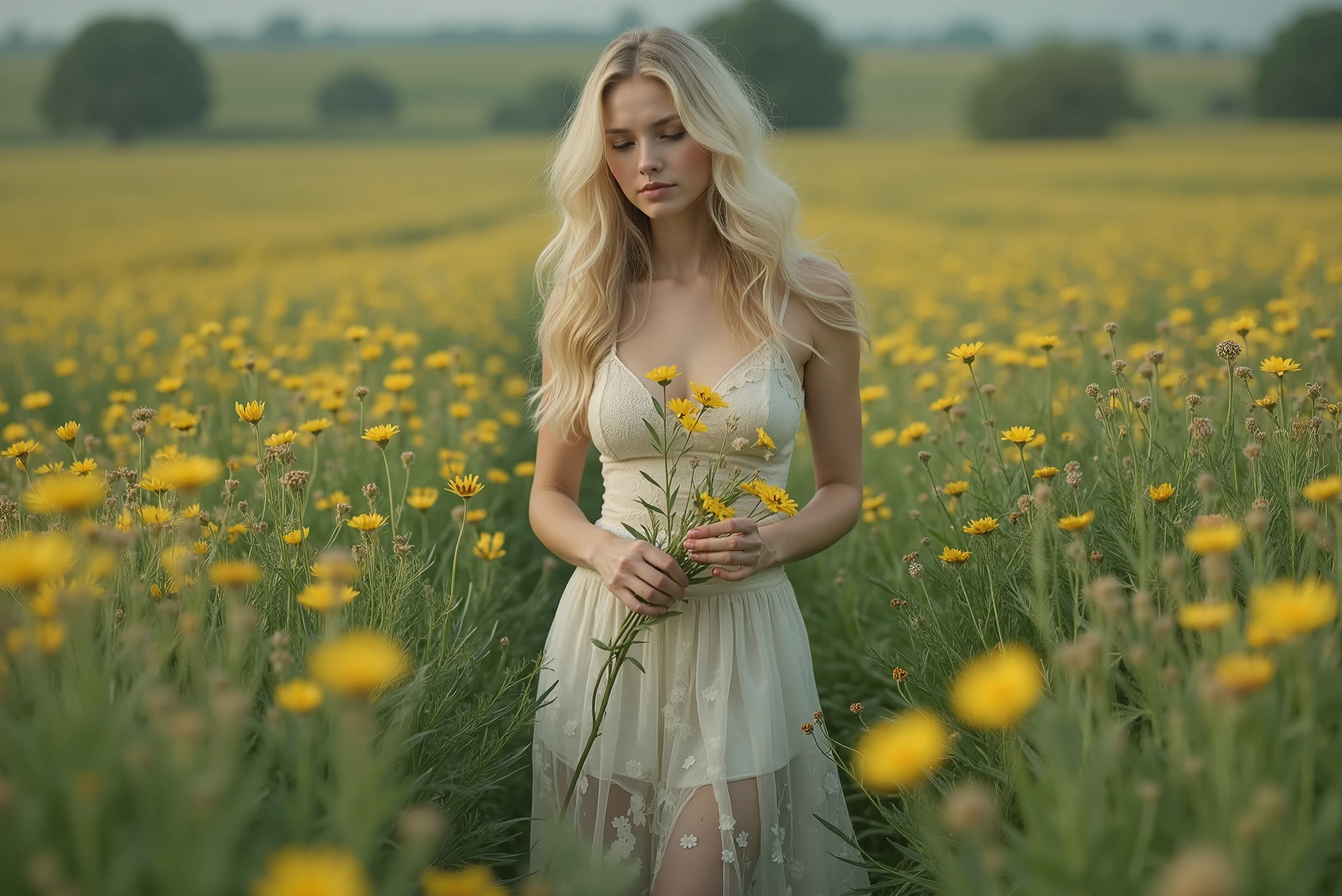 High quality, high definition detailed photo of young nice european slender blond woman in a field of yellow flowers holding a flower, in a field of flowers, in a field with flowers, standing in a flower field, in a field, standing in a field with flowers, sitting in a field of flowers, standing in flower field, girl in a flower field, a goddess in a field of flowers, woman standing in flower field