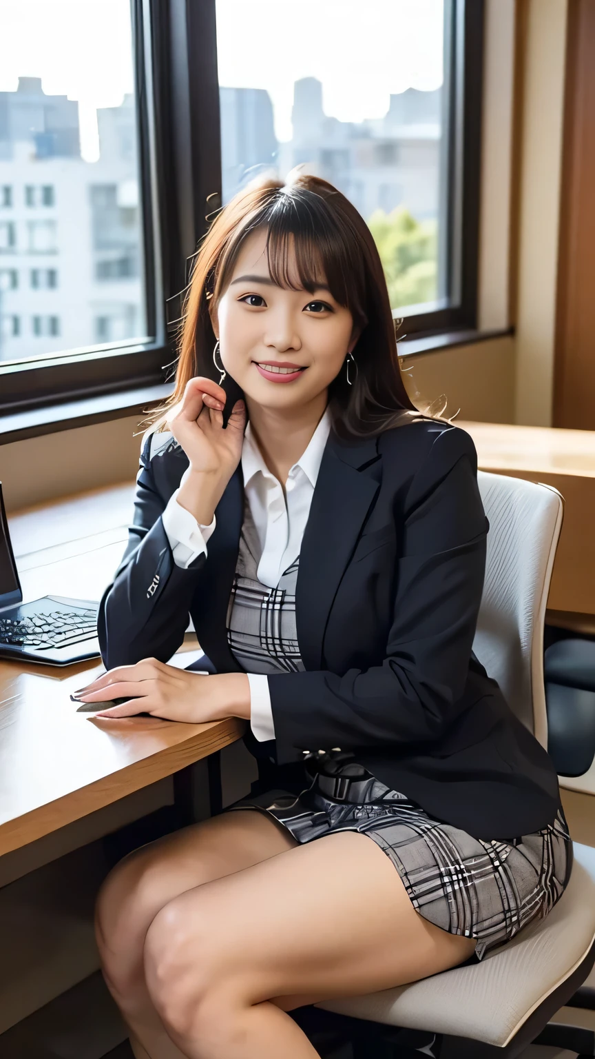( Japanese office lady 、25 year old japanese woman:1.2)、one woman、Extremely Beautiful Women、chair、( plaid business suit、gray business suit、suit skirt:1.3)、natural makeup、Beautiful Legs、simple earrings、At the company office、 office with desk and chair 、Office with Large Window、