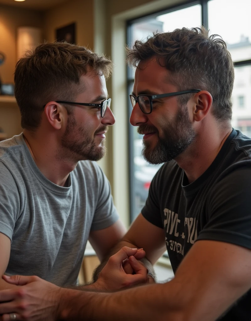 Two naked men having sex in a cafe