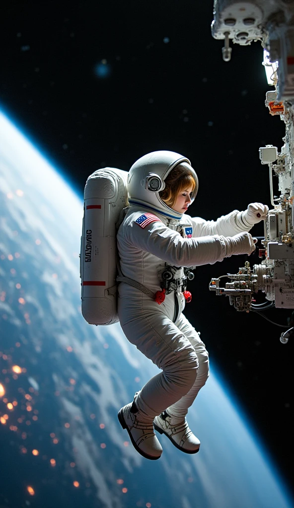 a female astronaut swimming in space, space colony, ultra-detailed, hyperrealistic, 8k, highly detailed, volumetric lighting, cinematic composition, dramatic lighting, realistic textures, vibrant colors, awe-inspiring, breathtaking, mesmerizing, otherworldly, futuristic, advanced technology, glowing spacecraft, floating debris, vast expanse of stars, ethereal atmosphere