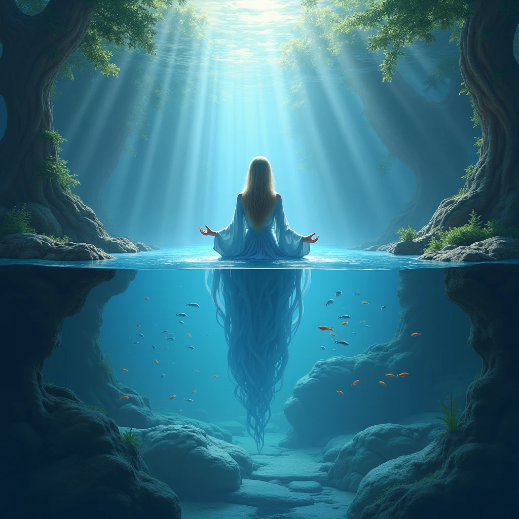 Create a lineart illustration Scenery: Lake with a visible magical aura, perhaps with glowing shades of blue and green, as Marine tries to connect with the water. The beams of light may reflect on the surface of the water, creating a mystical and ethereal atmosphere.